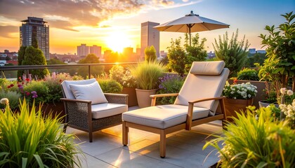 Relaxing Rooftop Lounge at Sunset with City Skyline View