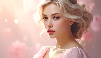 Fototapeta premium A beautiful woman with light blonde hair and delicate makeup, wearing a pastel pink dress, gazes directly at the viewer in a soft, romantic setting.