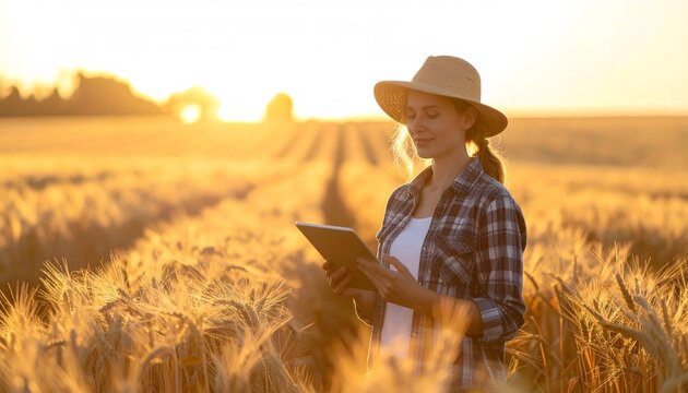 Modern female farmer in a straw hat uses a digital tablet to analyze her wheat field, representing precision agriculture and smart farming technology.