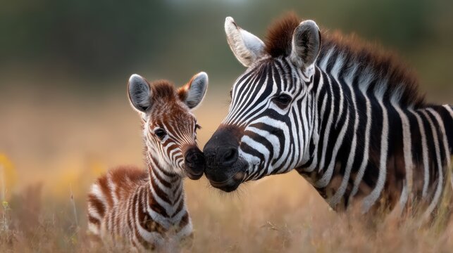 A heartwarming scene of a zebra and its foal nuzzling gently in a golden field, showcasing the emotional bond between mother and child in a beautiful natural habitat.