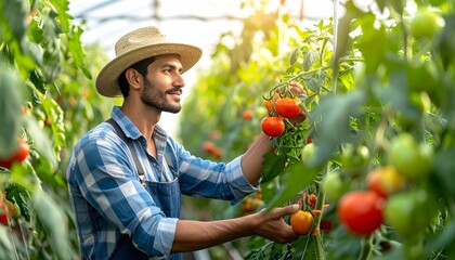 Male farmer carefully inspects and harvests ripe red tomatoes growing on the vine inside a greenhouse, focusing on quality and controlled agriculture.