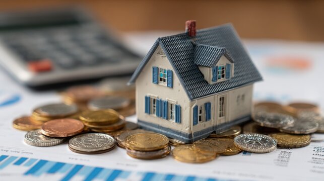 Small house model placed on colorful charts surrounded by various coins