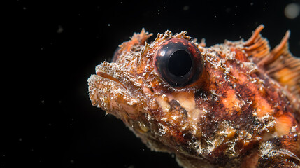 Close-up of a scorpionfish with red and brown mottled skin, set against a dark, aquatic backdrop. Its large eye reflects the scene.