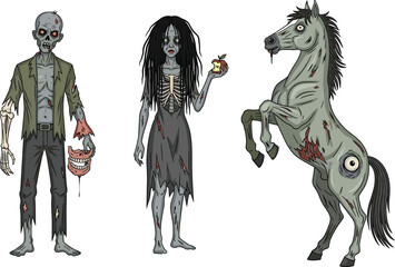 Fototapeta premium Zombie man, undead woman, skeletal horse, creepy monster, horror fantasy, scary artwork, spooky illustration, Halloween theme, eerie creature, nightmare design