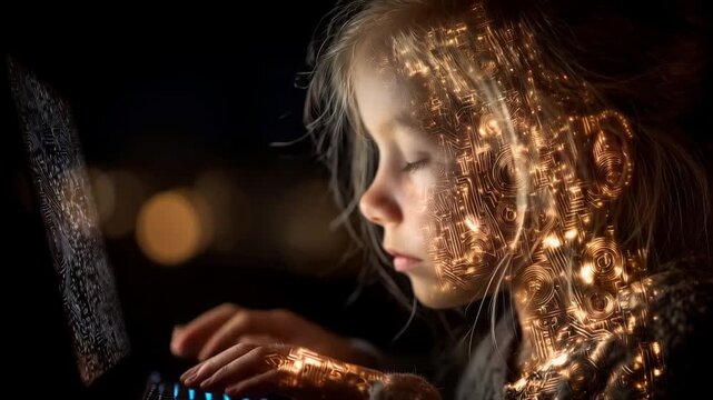 Little girl immersed in digital world, learning code or browsing internet at night
