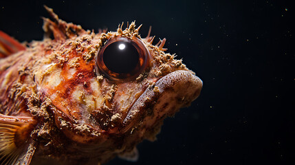 Obraz premium A detailed close-up of a scorpionfish reveals its unique camouflage and textures, showcasing nature's artistry in the underwater world.