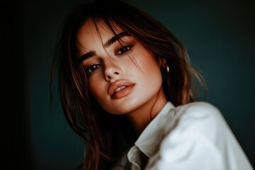 Young caucasian female with long hair and elegant pose in soft lighting