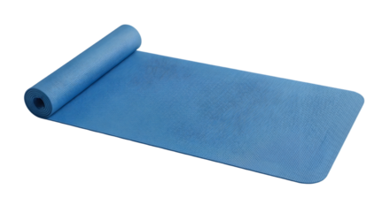 Rolled blue yoga mat ready for a relaxing fitness session
