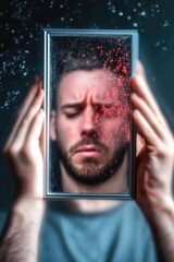 Distorted reflection of a caucasian male adult in a dusty mirror