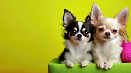 Fototapeta premium Two cute chihuahuas sitting in a green basket with yellow background
