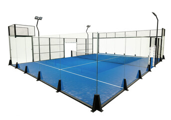 Naklejka premium Modern padel tennis court ready for a match, a vibrant blue surface enclosed by glass walls, perfect for sports and recreation, promoting an active lifestyle