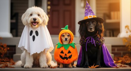 Obraz premium Adorable dogs in Halloween costumes sit on a porch, celebrating the festive season.