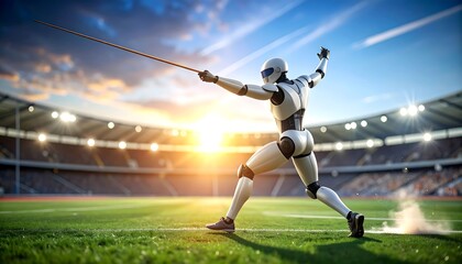 Robot Athlete Throwing Javelin in Stadium with Bright Sunlight