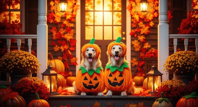 Two playful dogs in pumpkin costumes on a festive Halloween porch.