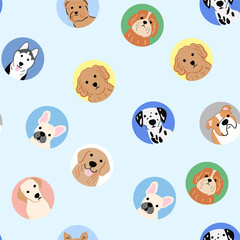 Obraz premium Seamless pattern with cute cartoon dog faces wearing pink bows. Pastel background circles in pink and blue, playful puppy illustration design. Perfect for kids, nursery, fabric, wallpaper.