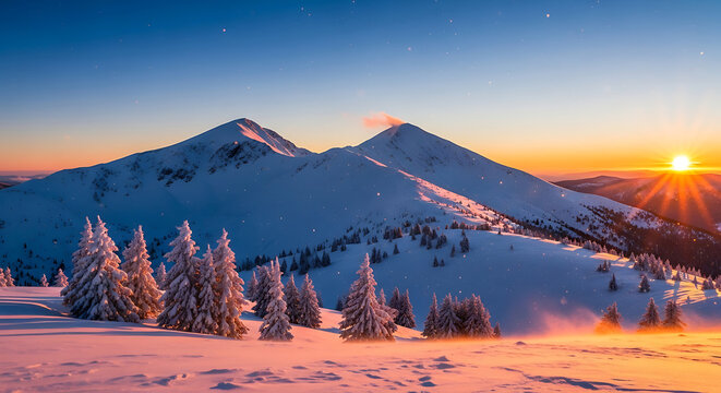Majestic snow-covered mountains bathed in the warm glow of a vibrant sunrise.