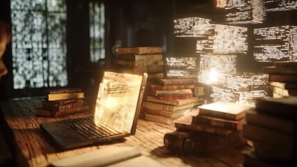 Young boy studies with glowing laptop surrounded by books and floating data overlays - Powered by Adobe