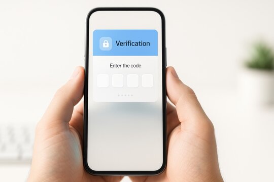 Hands holding smartphone with verification code entry form on screen symbolizing secure authentication and digital login
 - Powered by Adobe