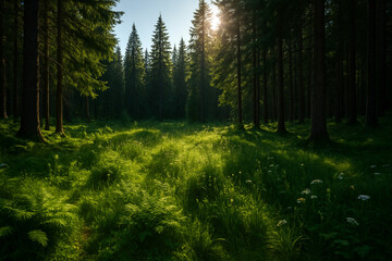 Obraz premium Naturalistic horizontal photograph: a forest clearing with ferns against a background of coniferous trees, blue sky and sun