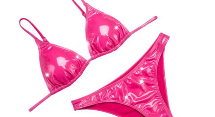 Vibrant pink shiny bikini set on a white background, evoking summer fashion and poolside fun.