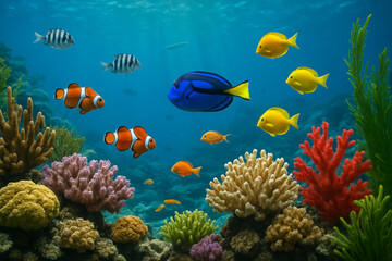 Naklejka premium Naturalistic horizontal photography in vibrant color: underwater world, fish and corals