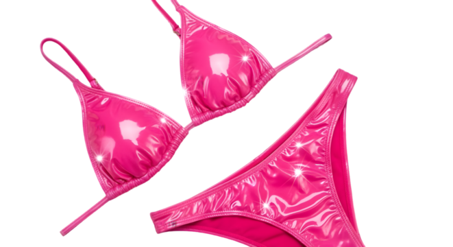 Vibrant pink shiny bikini set on a white background, evoking summer fashion and poolside fun.