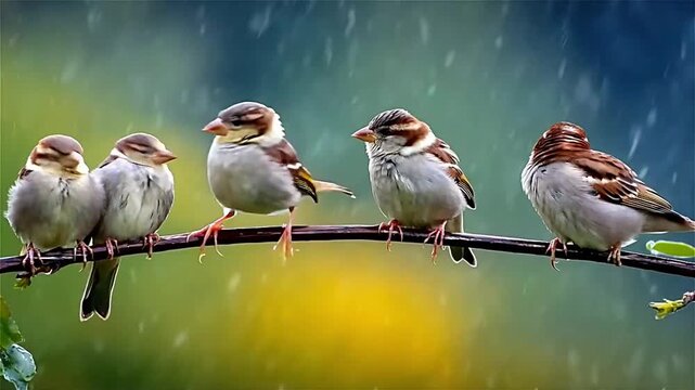 Sparrows perched on a branch during a gentle rain shower in summer
