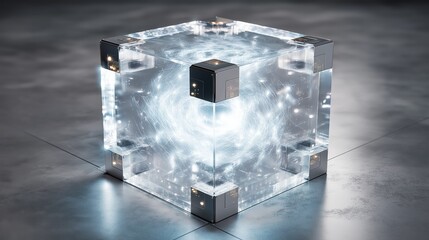 Hovering cubic energy core with transparent surfaces and glowing pulsating energy above reflective platform.