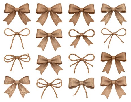 A collection of various decorative bows in muted earth tones, showcasing different knotting styles and ribbon types.