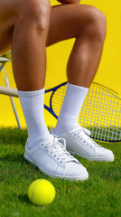 Fototapeta premium Young caucasian male tennis player with white sneakers and racket on grass