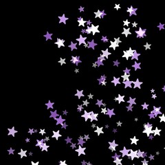 Purple and silver star confetti scattered on black background  