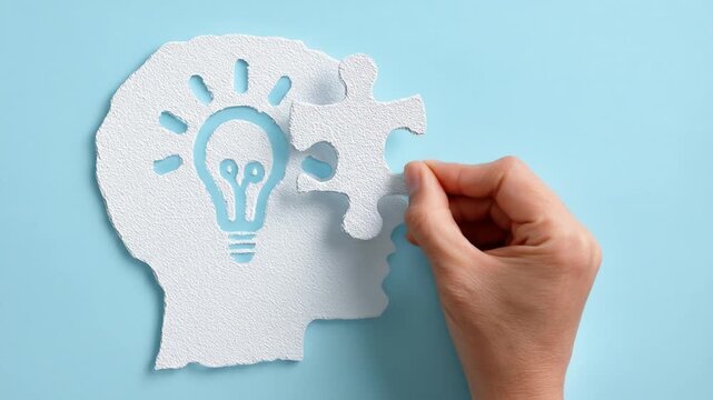 Conceptual image showing a hand placing a puzzle piece into a head-shaped cutout with a lightbulb