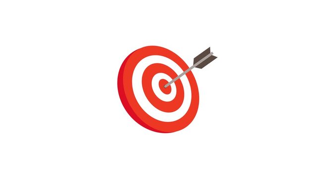 Arrow hitting bullseye on dartboard animation from perspective view with dynamic motion on white background and green screen. 4k animated for success achievement, business goal, and motion graphic.