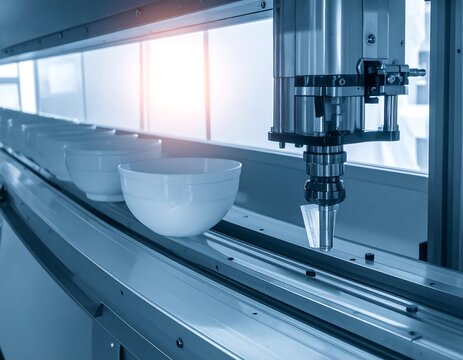 A sophisticated automated system precisely places components on a conveyor belt, showcasing a modern manufacturing process for production of white ceramic bowls.