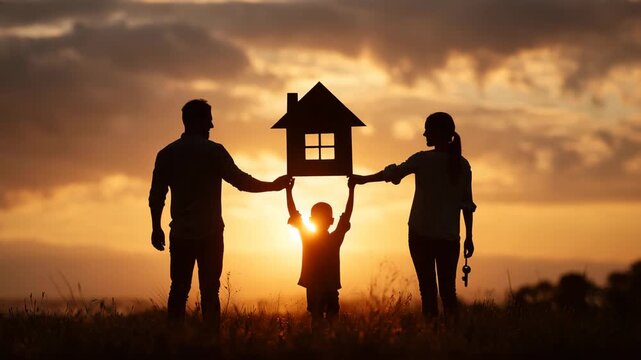 Happy family holding wooden house symbol at sunset concept of home ownership real estate investment family values mortgage insurance and dream house outdoors togetherness and future