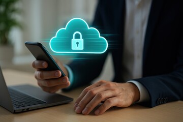 Businessman holding smartphone with glowing cloud security icon representing data protection, storage and online access
