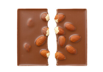 Isolated tasty milk chocolate pieces with almonds in halves, delicious dessert snack bar