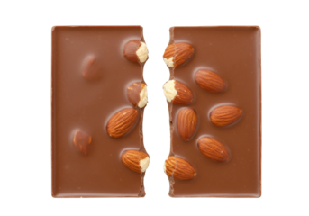 Isolated tasty milk chocolate pieces with almonds in halves, delicious dessert snack bar