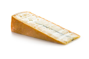 Morbier cheese. Delicious french cheese with mold isolated on white background.