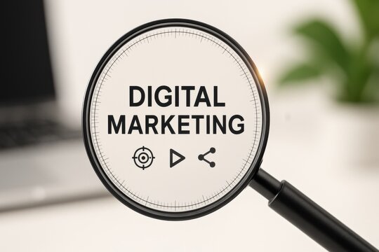 Magnifying glass with words digital marketing and icons representing advertising, online strategy and business promotion
