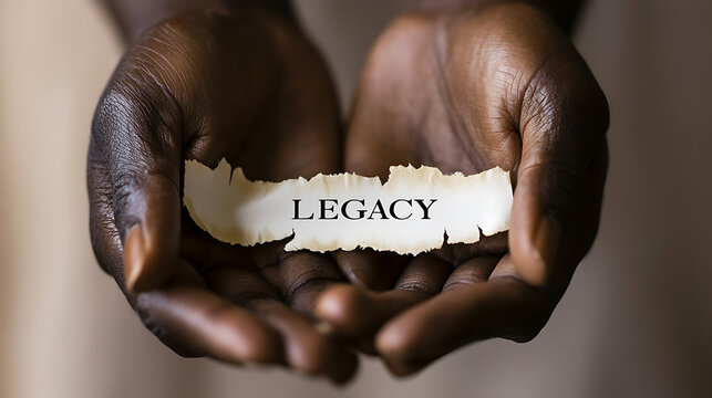 A pair of cupped hands gently cradles a piece of aged parchment, its edges softly tattered, bearing the impactful word: "Legacy".