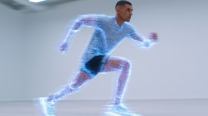Athlete training with holographic motion tracking gear and virtual guides in minimalist room