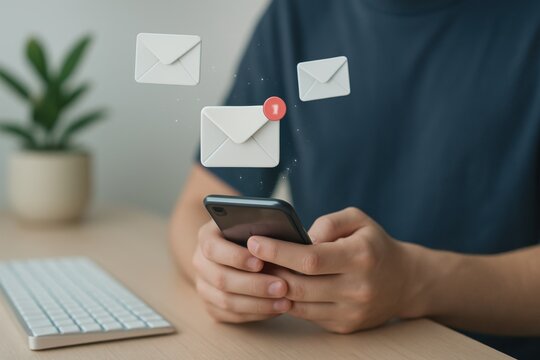 Hands holding smartphone with glowing new email notification icon representing incoming messages and digital communication
 - Powered by Adobe