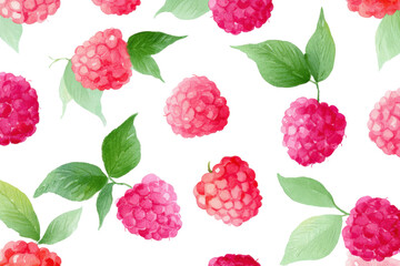 Sweet Ripe Raspberries with Leaves Watercolor Pattern on a Blank Layer