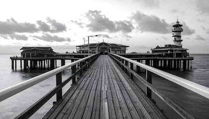 Obraz premium A tranquil grayscale view of a long wooden pier extending into a calm sea, with buildings and structures on the pier, evoking a serene coastal atmosphere.