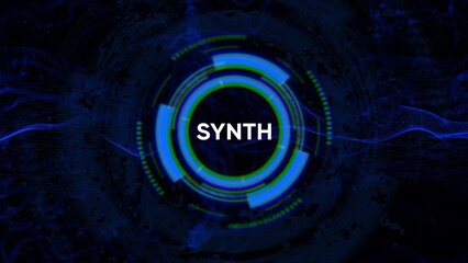 Abstract digital circular interface with the word SYNTH in the center and blue wave patterns technology