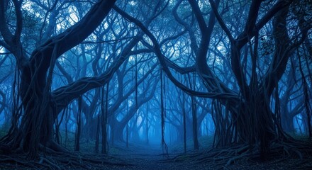 A view of a dense forest with large trees and hanging vines under a blue and foggy atmosphere scene
