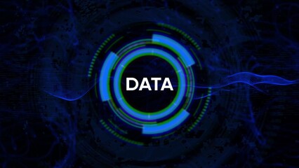 Data Technology Interface with Glowing Blue and Green Rings and Digital Data Streams information abstract
