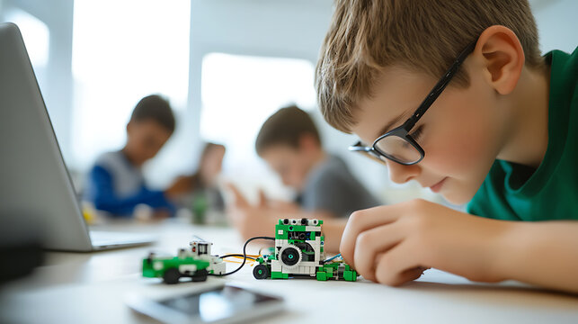 Boy Building Robot: Young boy engrossed in assembling a small, green robot. He is wearing glasses and is surrounded by fellow students working on similar projects.
