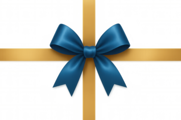 Blue satin bow with golden ribbon wrapping present for celebration, holiday, and special event, transparent background
